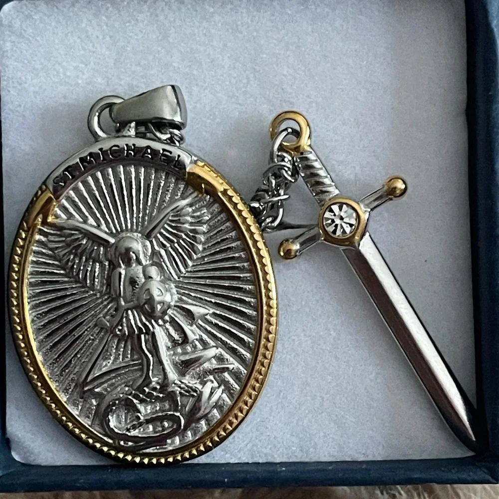 NEW Saint St. Michael Pendant Archangel Pendant Necklace Sword Cross Medal